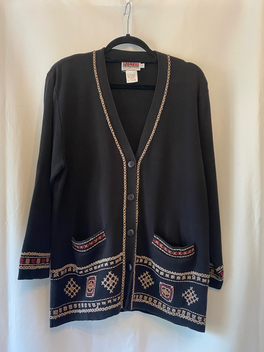 Women's Black Eclectic Grannycore Vintage V-Neck Cardigan 100% Cotton Embroidery